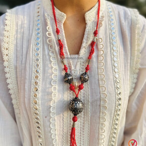 Handmade Red Beaded Necklace with Tribal Tassel Pendant, Beaded Chain Necklace - Picture 2 of 13